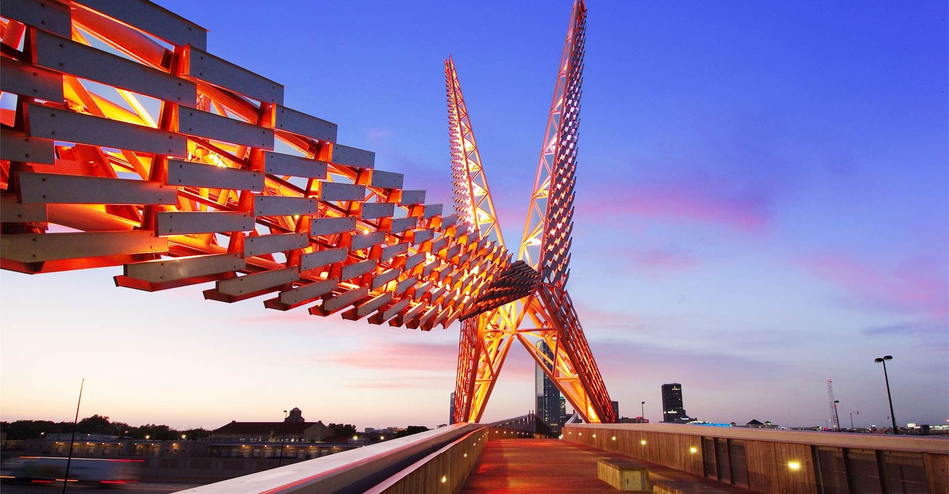 Oklahoma City skyline with Scissortail Bridge - home of Red Earth Tech